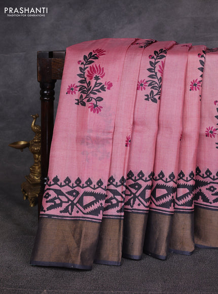 Pink & Black Pure Tussar Printed Silk Saree
