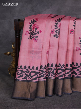Pink & Black Pure Tussar Printed Silk Saree