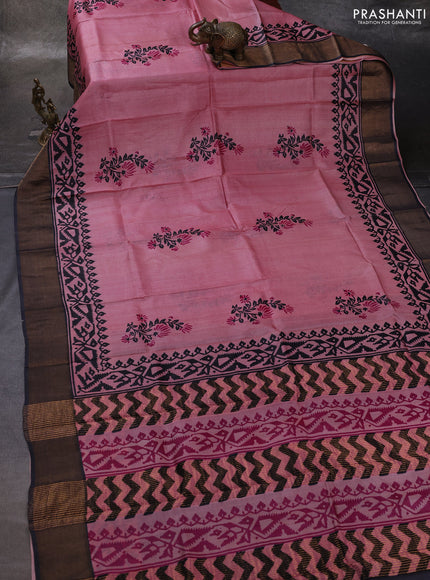 Pink & Black Pure Tussar Printed Silk Saree