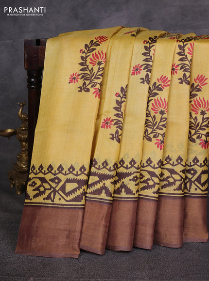 Yellow & Brown Pure Tussar Printed Silk Saree