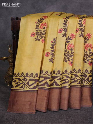 Yellow & Brown Pure Tussar Printed Silk Saree