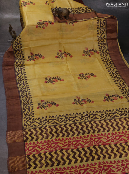 Yellow & Brown Pure Tussar Printed Silk Saree