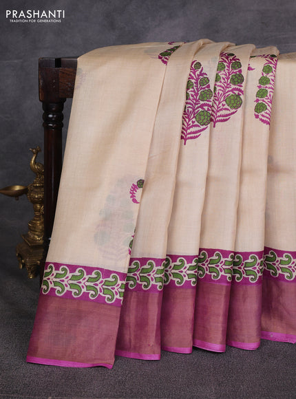 Beige & Magenta Pink Pure Tussar Printed Silk Saree