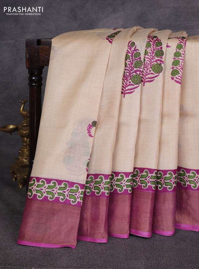 Beige & Magenta Pink Pure Tussar Printed Silk Saree