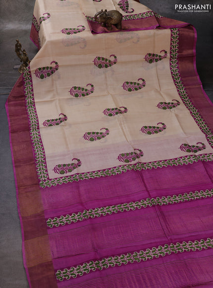 Beige & Magenta Pink Pure Tussar Printed Silk Saree