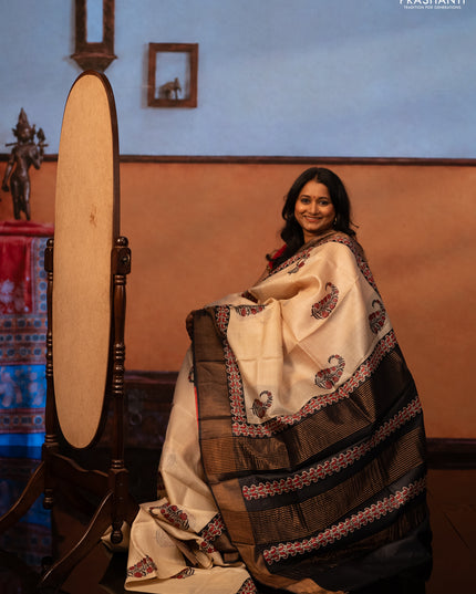 Beige & Black Pure Tussar Printed Silk Saree