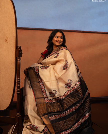 Beige & Black Pure Tussar Printed Silk Saree