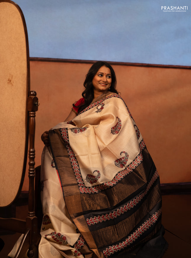 Beige & Black Pure Tussar Printed Silk Saree