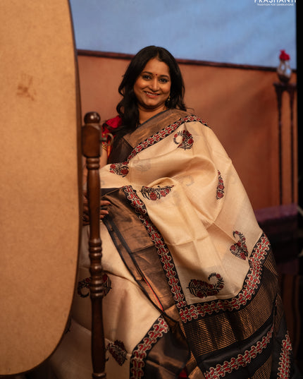 Beige & Black Pure Tussar Printed Silk Saree