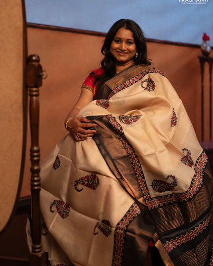 Beige & Black Pure Tussar Printed Silk Saree