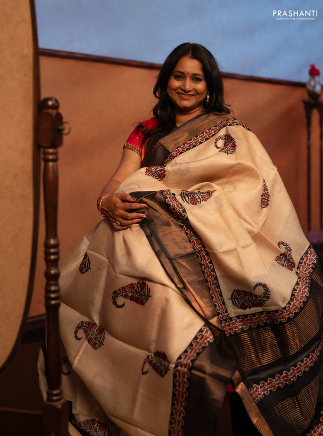 Beige & Black Pure Tussar Printed Silk Saree