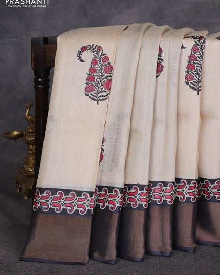 Beige & Black Pure Tussar Printed Silk Saree