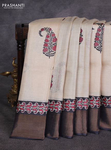 Beige & Black Pure Tussar Printed Silk Saree