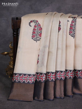 Beige & Black Pure Tussar Printed Silk Saree