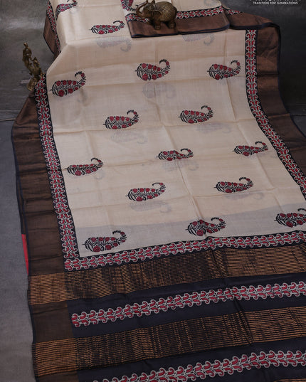 Beige & Black Pure Tussar Printed Silk Saree