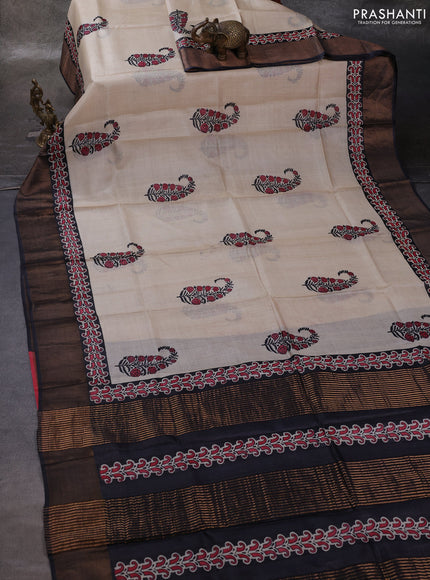 Beige & Black Pure Tussar Printed Silk Saree