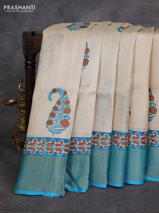 Beige & Teal Blue Pure Tussar Printed Silk Saree