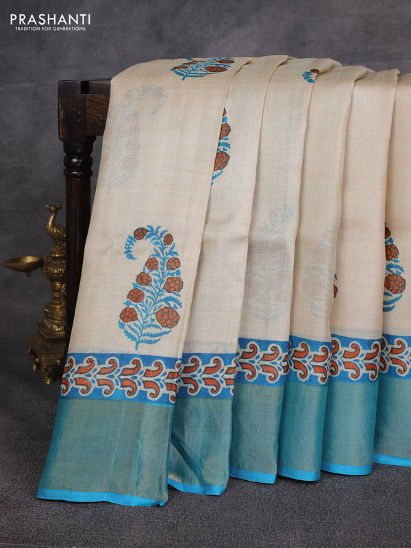Beige & Teal Blue Pure Tussar Printed Silk Saree