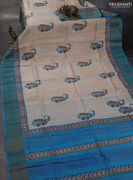 Beige & Teal Blue Pure Tussar Printed Silk Saree