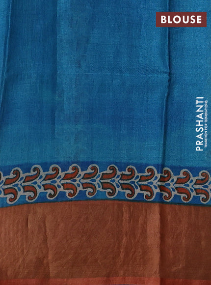 Beige & Teal Blue Pure Tussar Printed Silk Saree