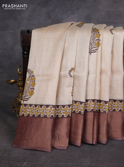 Beige & Brown Pure Tussar Printed Silk Saree