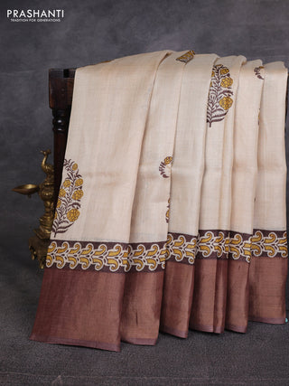 Beige & Brown Pure Tussar Printed Silk Saree