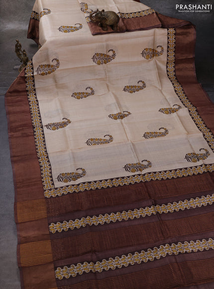 Beige & Brown Pure Tussar Printed Silk Saree