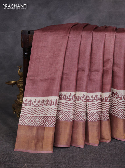 Brown & Beige Pure Tussar Printed Silk Saree