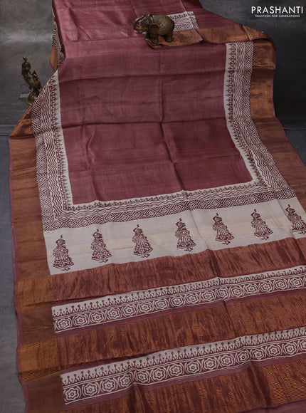 Brown & Beige Pure Tussar Printed Silk Saree