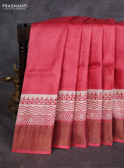 Red & Beige Pure Tussar Printed Silk Saree