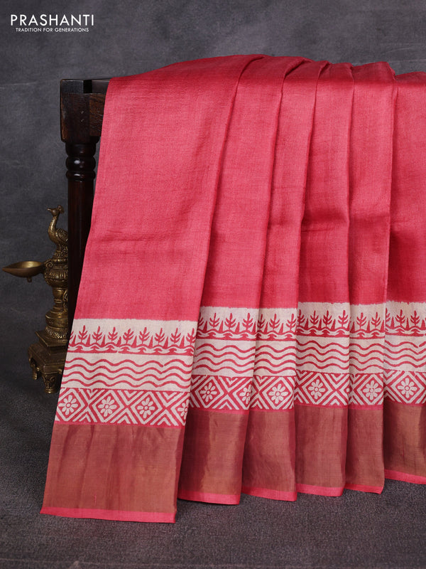 Red & Beige Pure Tussar Printed Silk Saree