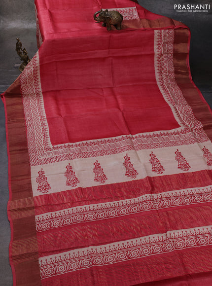 Red & Beige Pure Tussar Printed Silk Saree
