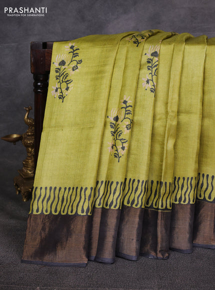 Lime Green & Grey Pure Tussar Printed Silk Saree