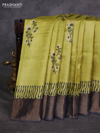 Lime Green & Grey Pure Tussar Printed Silk Saree