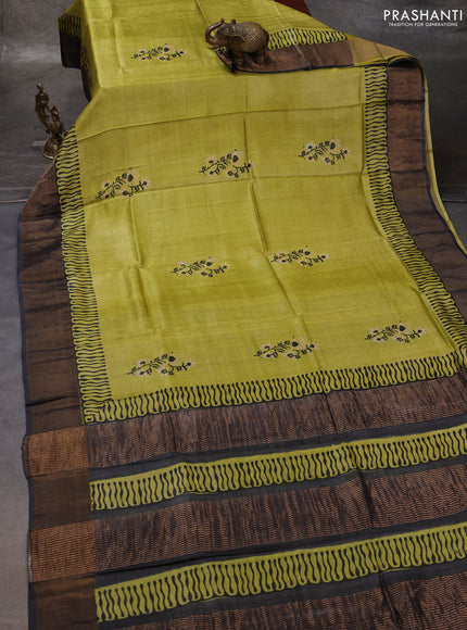 Lime Green & Grey Pure Tussar Printed Silk Saree