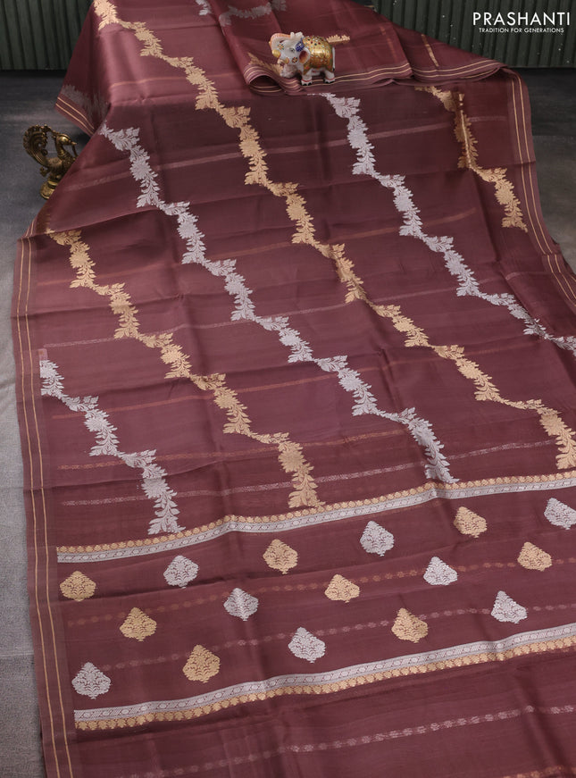 Brown Banarasi Organza Silk Saree - Zari Weaves