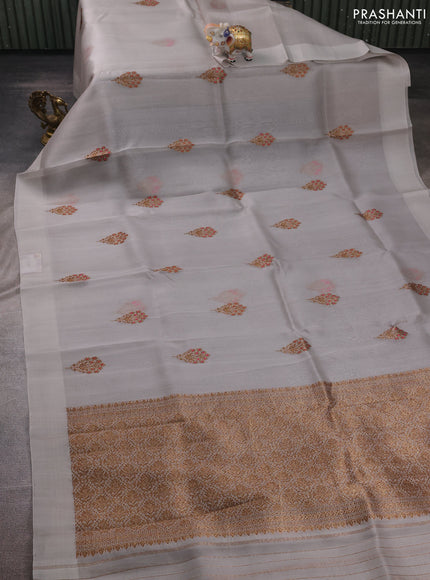 Pastel Grey Banarasi Organza Silk Saree - Buttas