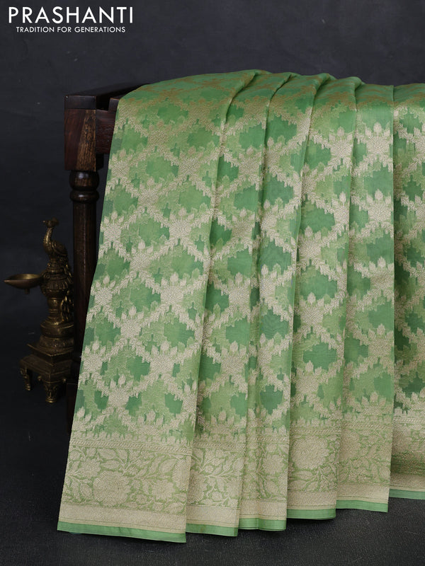 Pista Green Banarasi Organza Silk Saree -Checks