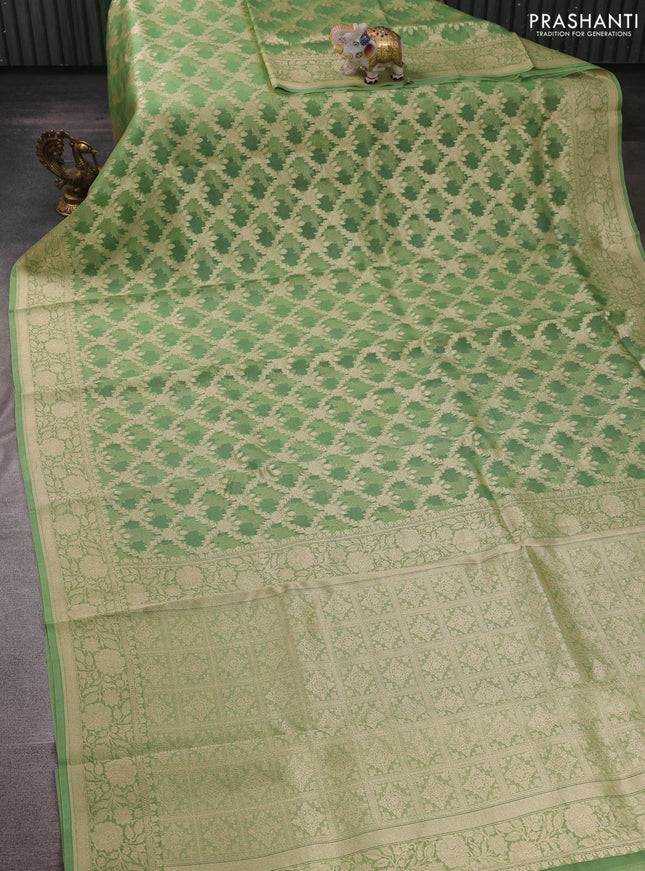 Pista Green Banarasi Organza Silk Saree -Checks