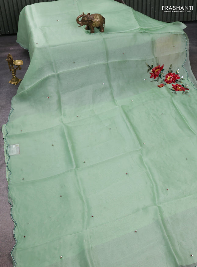 Pista Green Pure Organza Saree - Embroidery