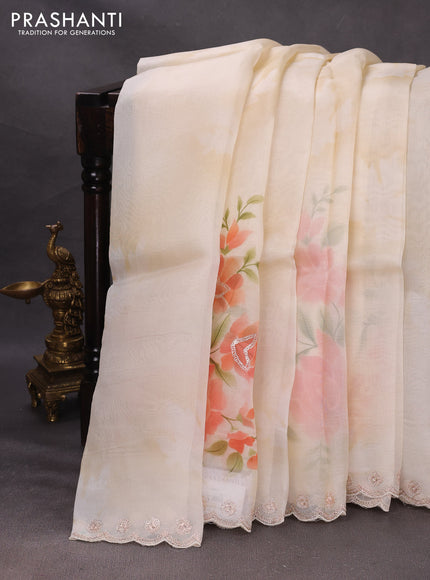Cream Pure Organza Saree - Embroidery