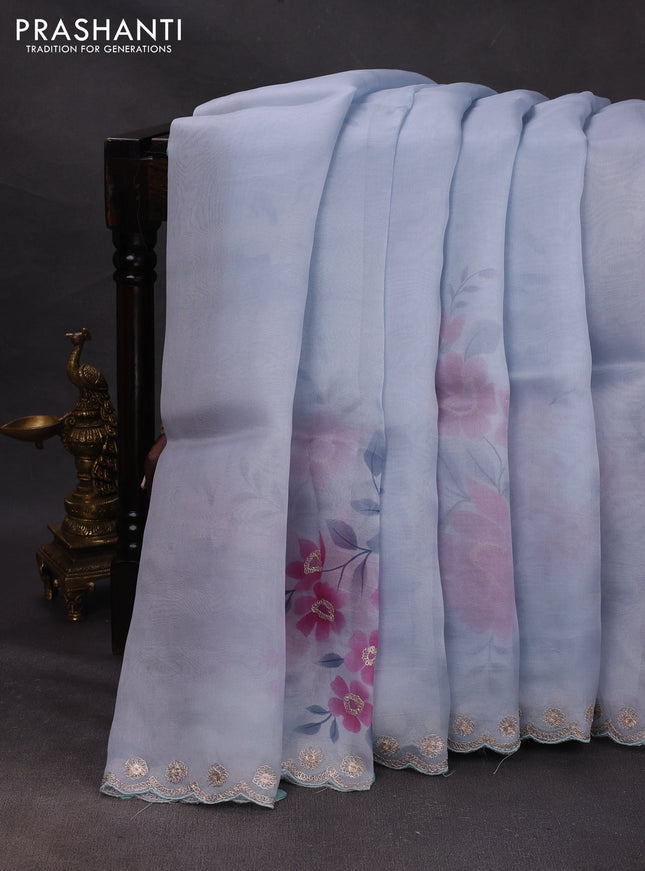 Pastel Blue Pure Organza Saree - Embroidery