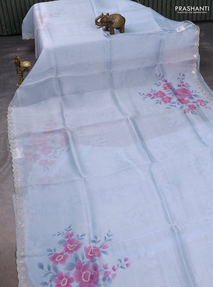 Pastel Blue Pure Organza Saree - Embroidery