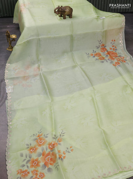 Pista Green Pure Organza Saree - Embroidery