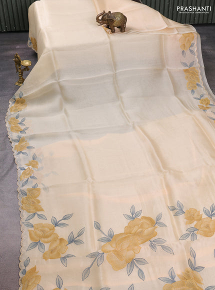 Pale Yellow Pure Organza Saree - Embroidery