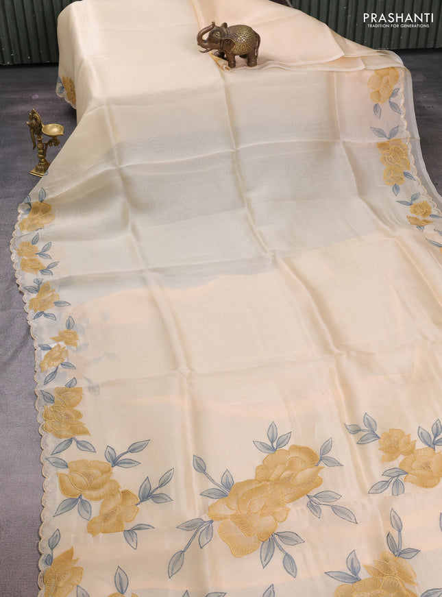 Pale Yellow Pure Organza Saree - Embroidery