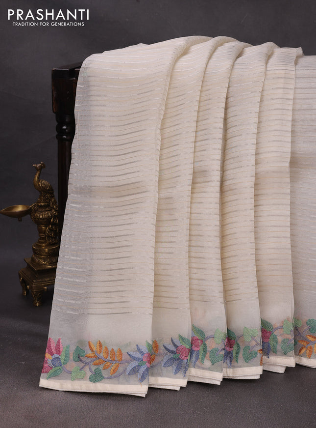 Off White Pure Organza Saree - Embroidery