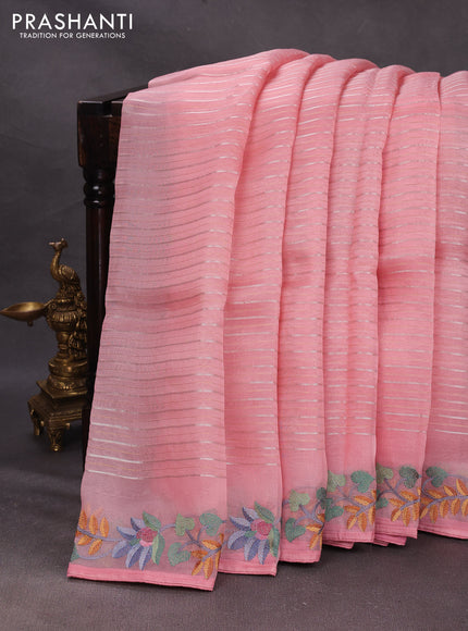 Peach Pink Pure Organza Saree - Embroidery