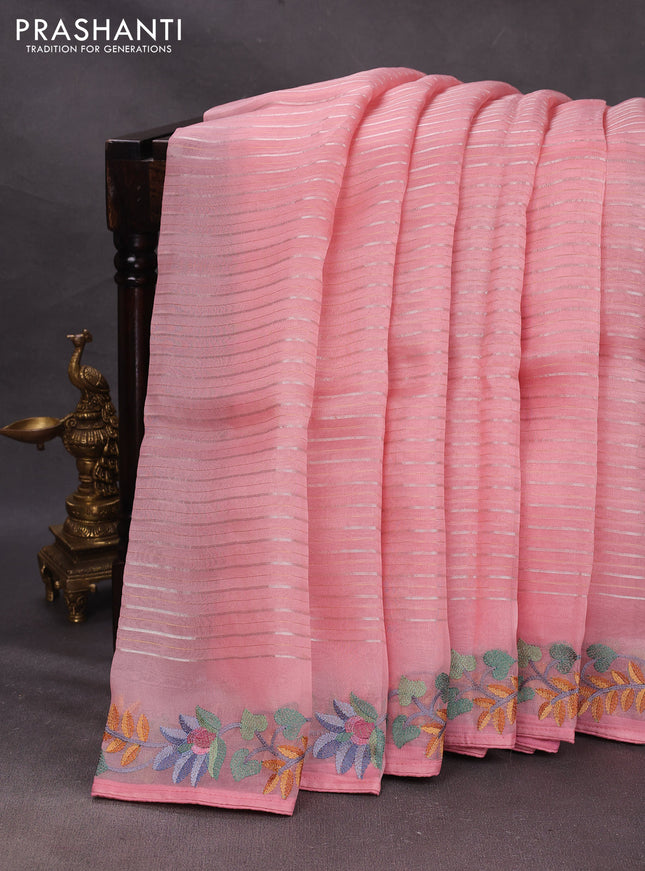 Peach Pink Pure Organza Saree - Embroidery