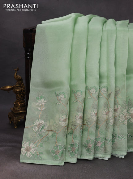 Pista Green Pure Organza Saree - Embroidery